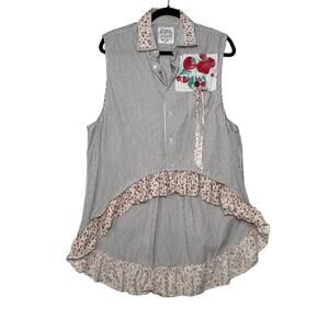 DRAGONFLY DREAMS Womens Large Strawberry Patch Stripe Sleeveless Button Blouse